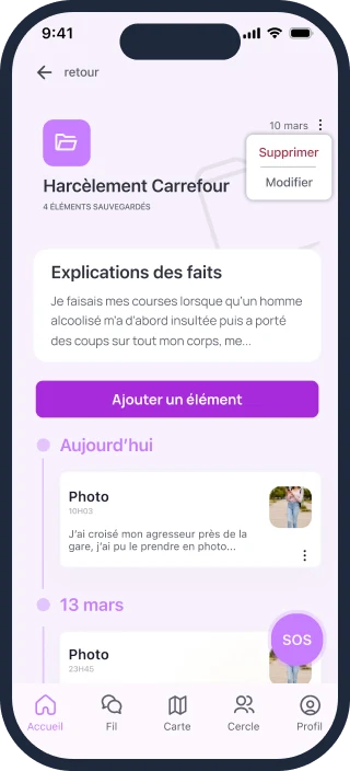 Écran HelpMe : Être entourée