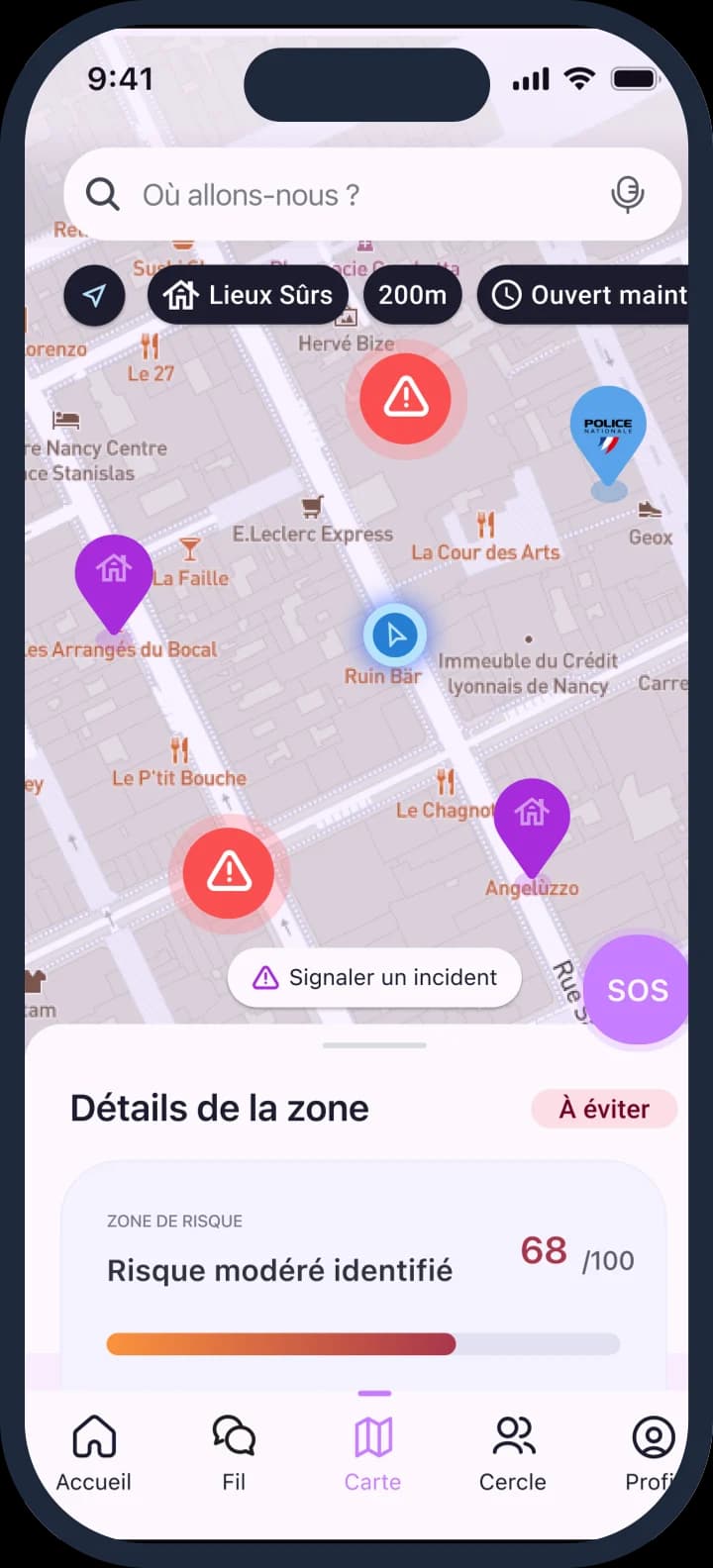 Écran HelpMe : Sortir en sécurité