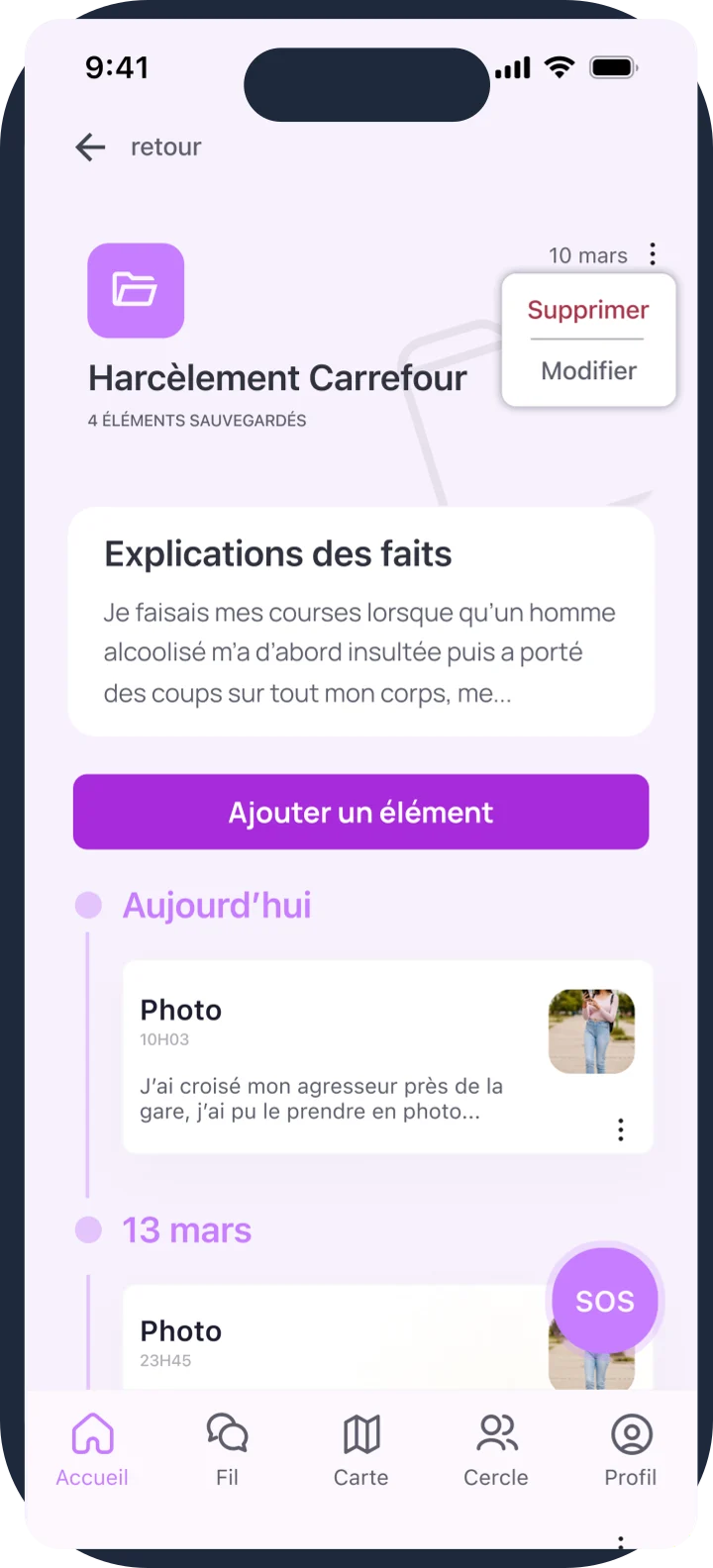 Écran HelpMe : Garder des preuves